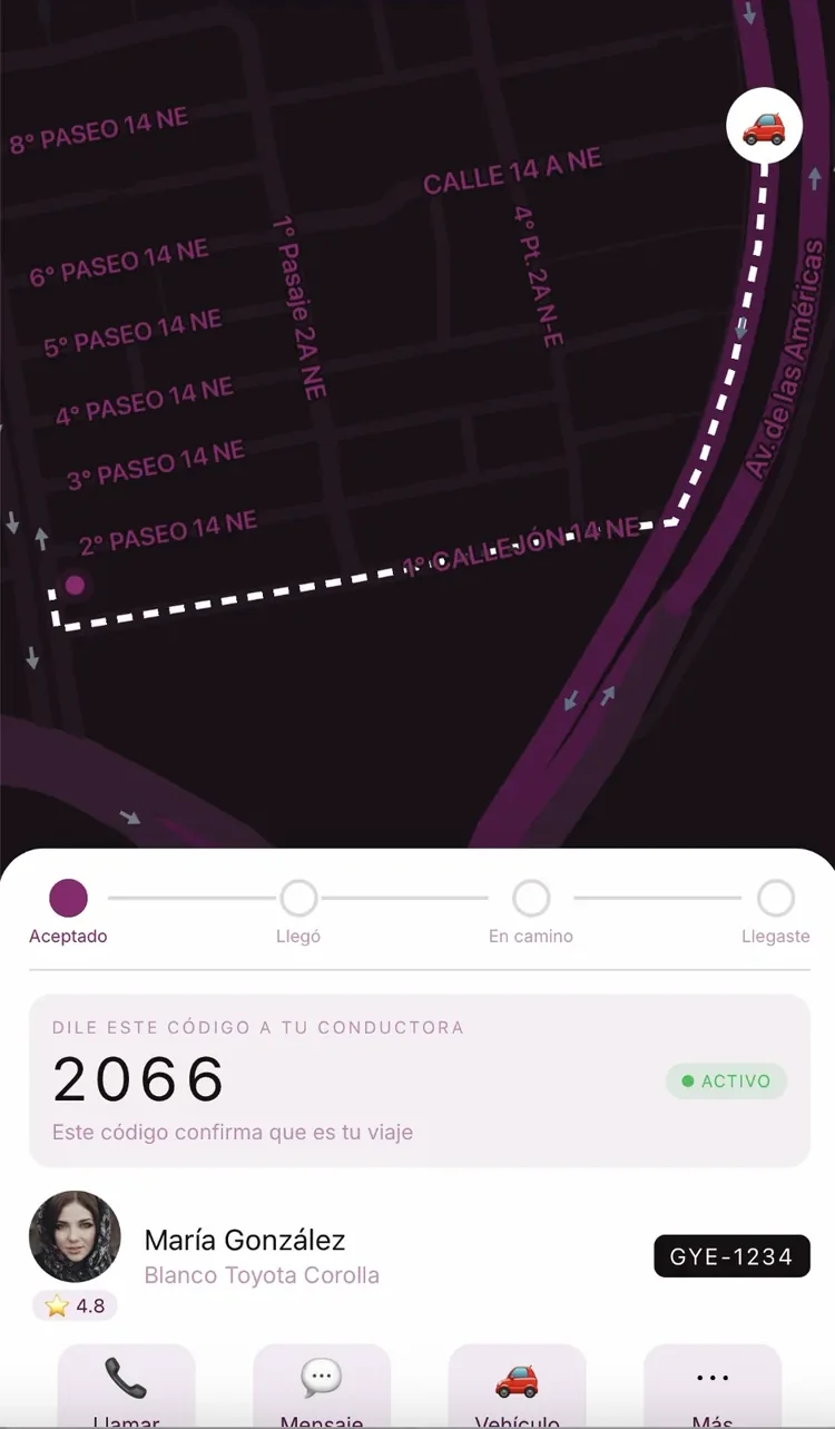 The Berlina app showing a ride in progress, with the confirmation code and the driver’s details